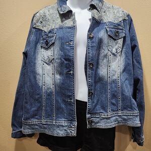 Reba Blue Denim Jacket with Embroidered Shoulders